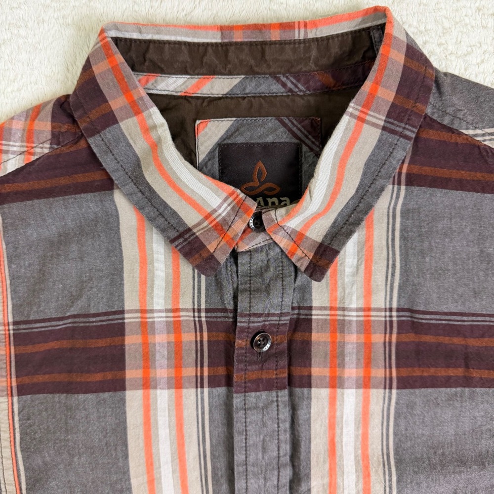 Prana Button Down Shirt Mens Medium Grey Orange‎ Plaid Organic Cotton S/S
